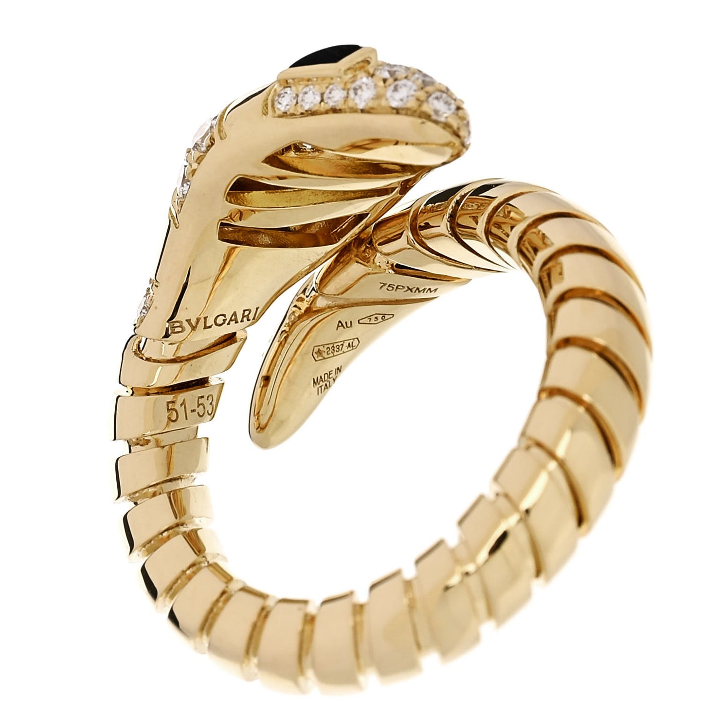 18K Yellow Gold Diamond Onyx Serpenti Tubogas Ring M