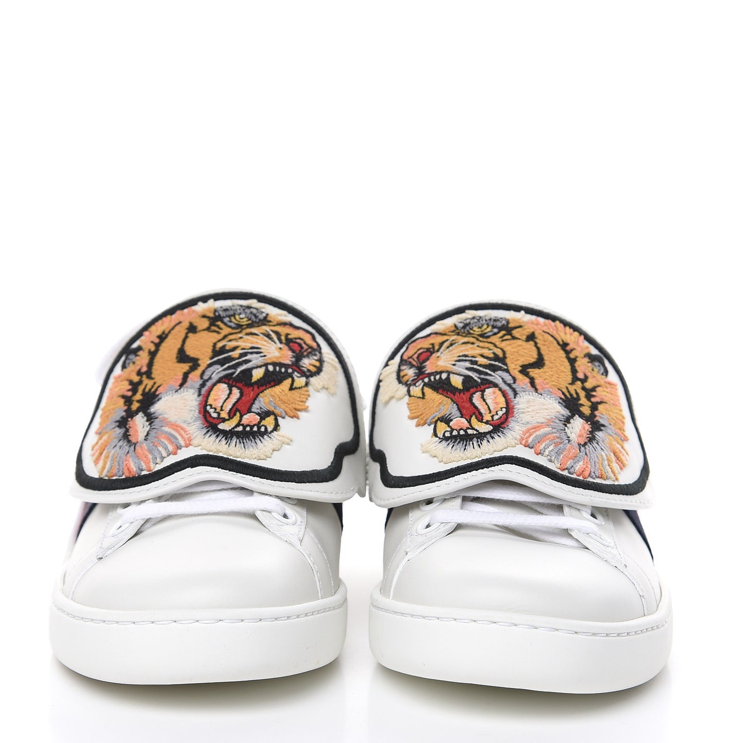 Calfskin Web Tiger Embroidered Womens Ace Sneakers 34.5 White