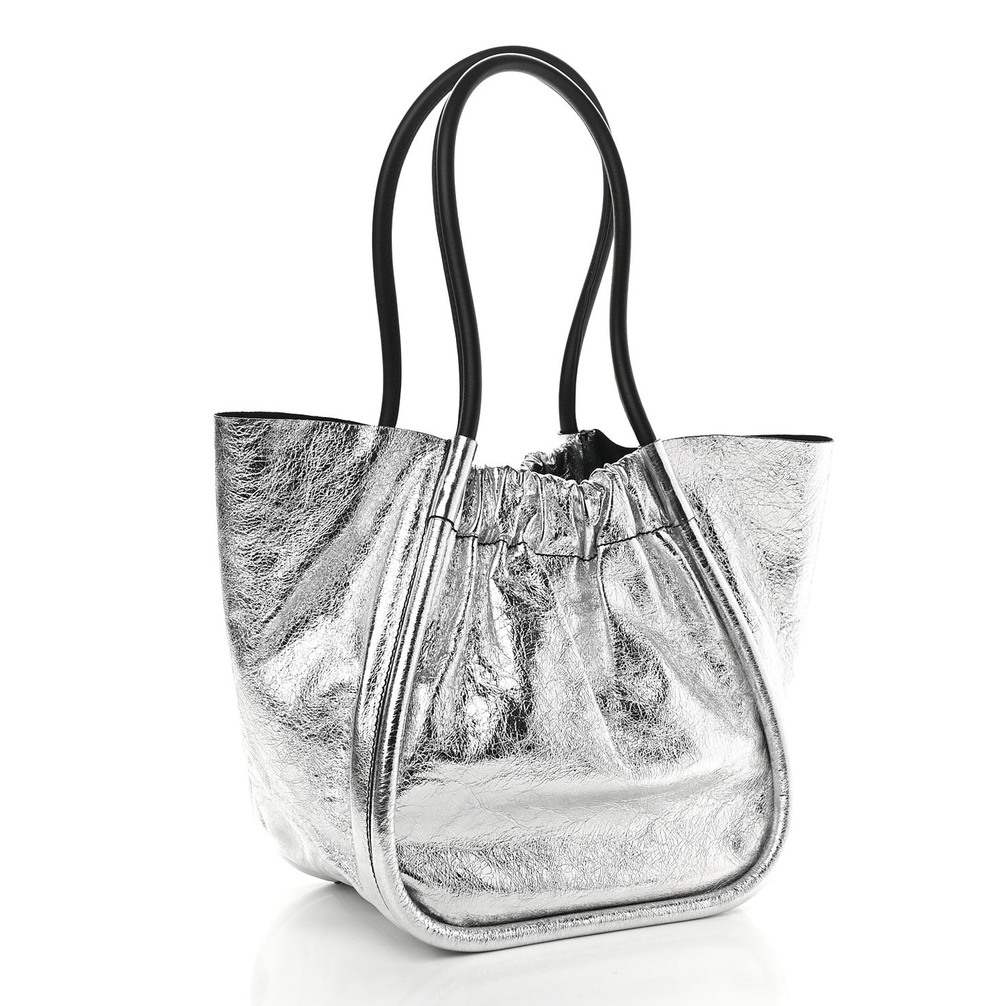 Metallic Calfskin Large Ruched Tote Silver