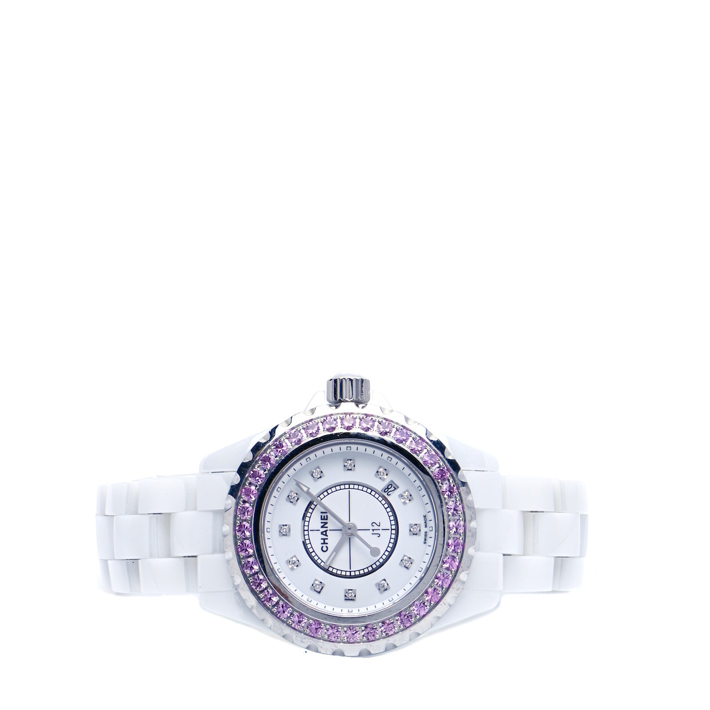 Stainless Steel Ceramic Diamond Pink Sapphire 33mm J12 Quartz Watch White