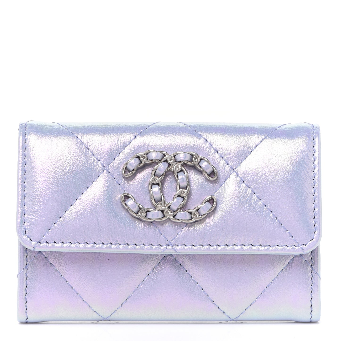 Iridescent Lambskin Quilted Chanel 19 Flap Card Holder Light Purple