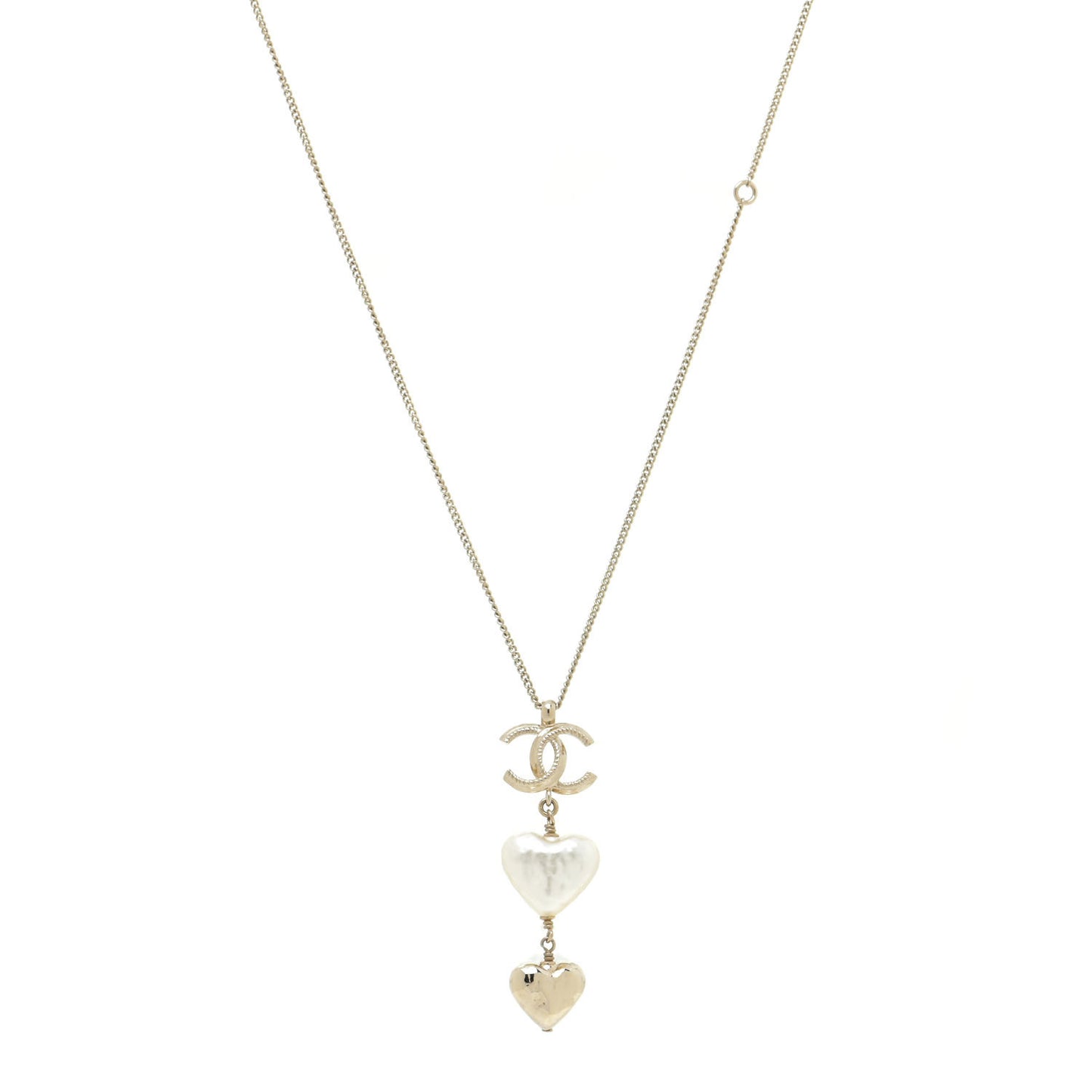 Pearl CC Double Heart Drop Necklace Pearly White Gold