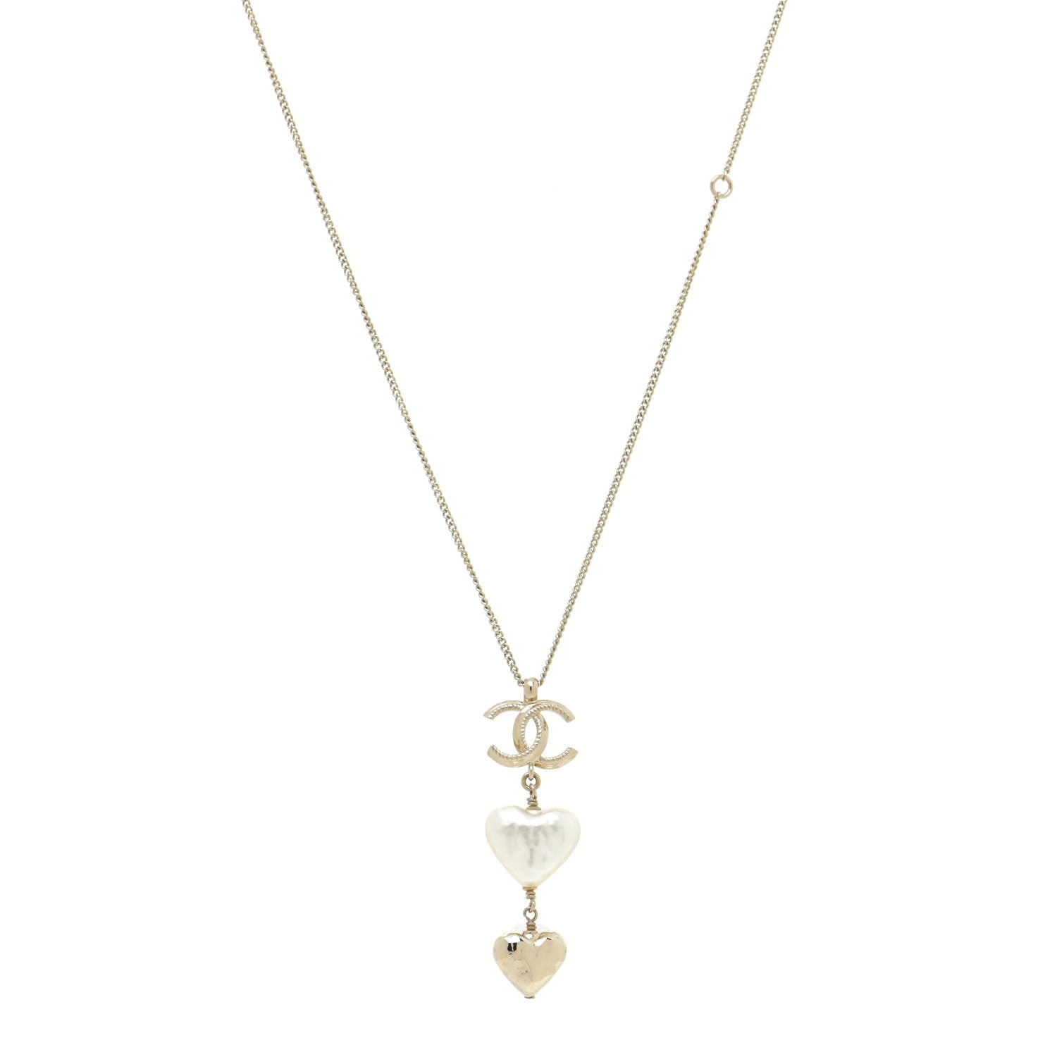 Chanel Pearl CC Double Heart Drop Necklace Pearly White Gold 1 of 6