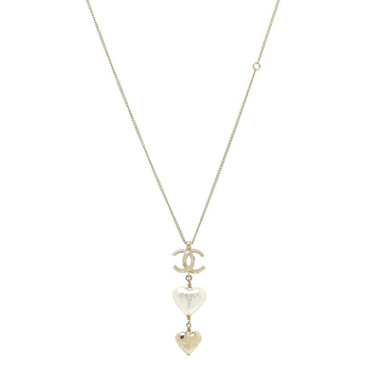 Chanel Pearl CC Double Heart Drop Necklace Pearly White Gold 1 of 6