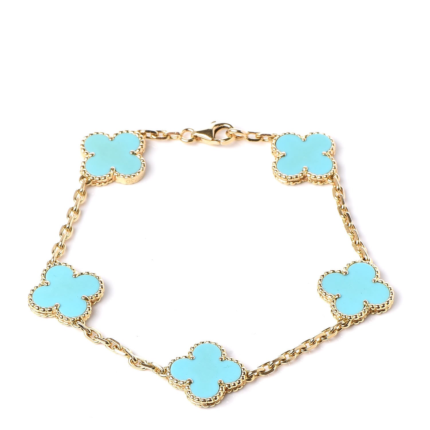Van Cleef & Arpels 18K Yellow Gold Turquoise 5 Motifs Vintage Alhambra Bracelet 1 of 6