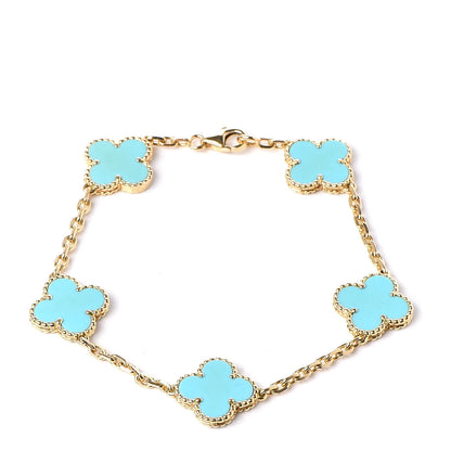 Van Cleef & Arpels 18K Yellow Gold Turquoise 5 Motifs Vintage Alhambra Bracelet 1 of 6