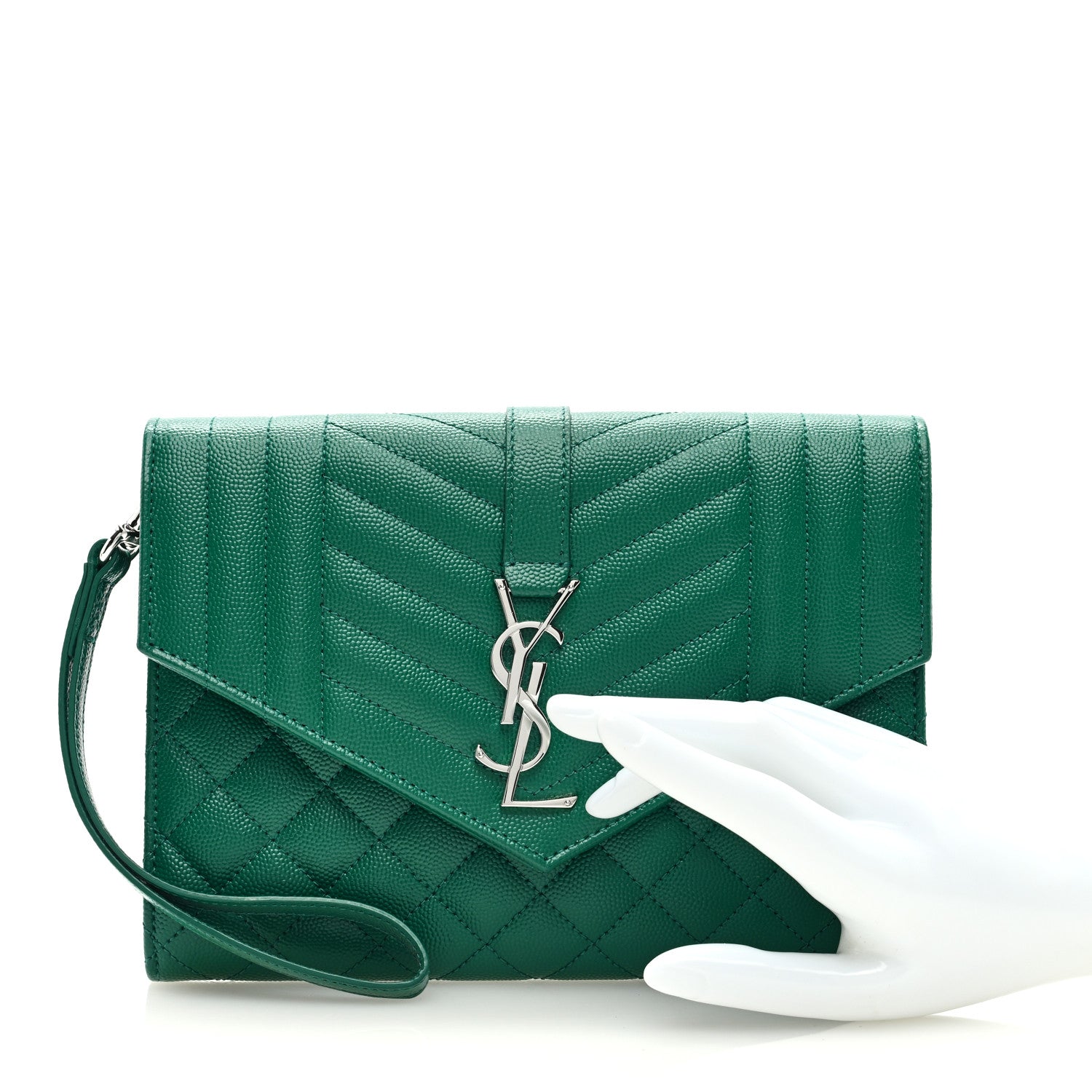 Saint Laurent Grain De Poudre Textured Mixed Matelasse Triquilt Monogram Clutch Green Field 2 of 6