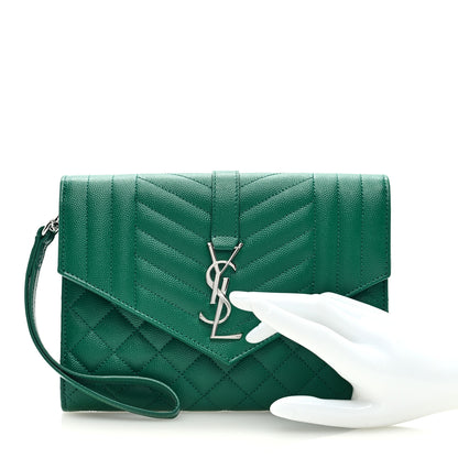 Saint Laurent Grain De Poudre Textured Mixed Matelasse Triquilt Monogram Clutch Green Field 2 of 6