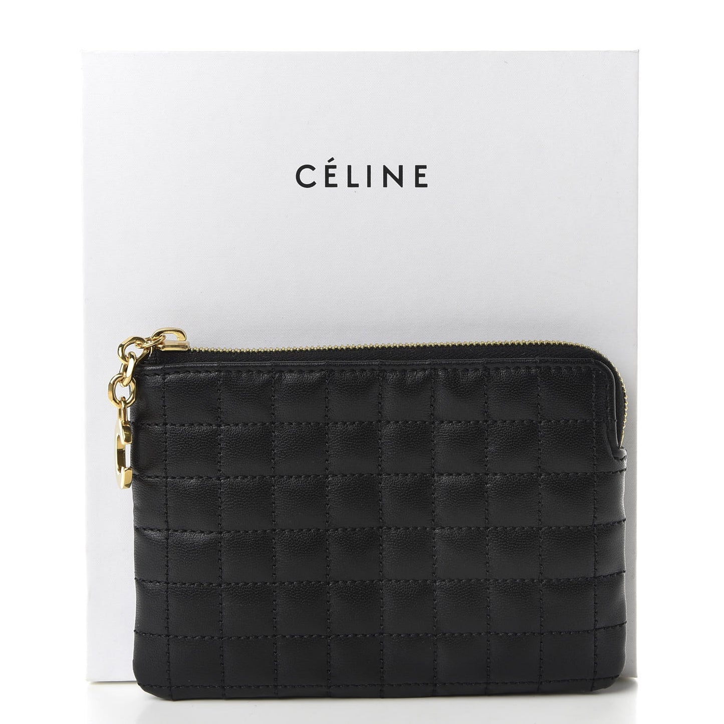 Calfskin Quilted C Charm Coin Card Pouch Black