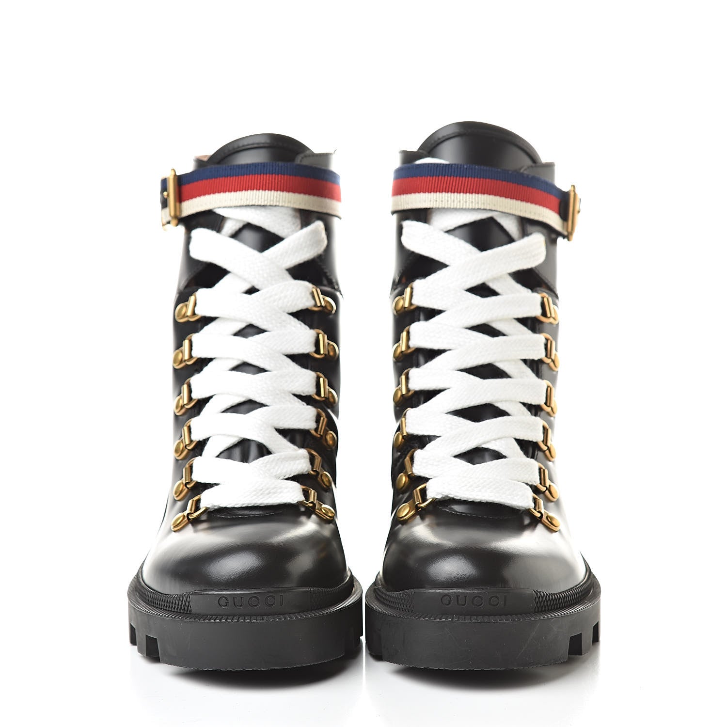 Gucci Calfskin Womens Sylvie Web Lace Up Combat Boots 37 Black 2 of 10