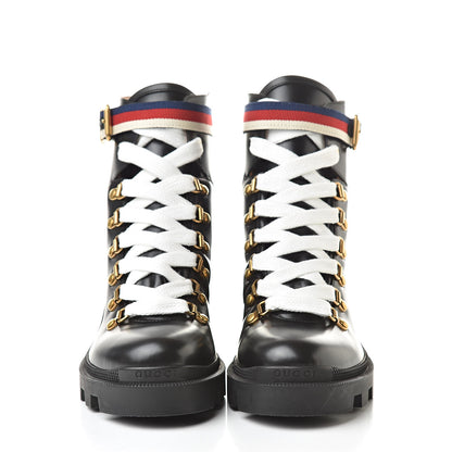 Gucci Calfskin Womens Sylvie Web Lace Up Combat Boots 37 Black 2 of 10