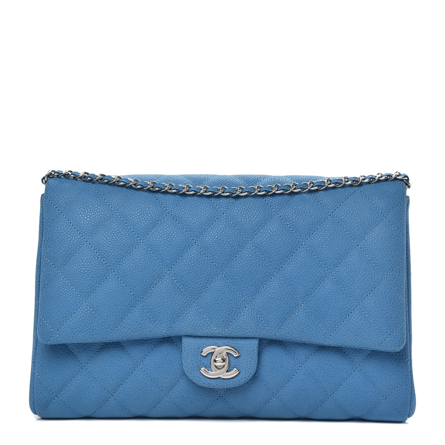 Iridescent Caviar Quilted Clutch With Chain Flap Blue