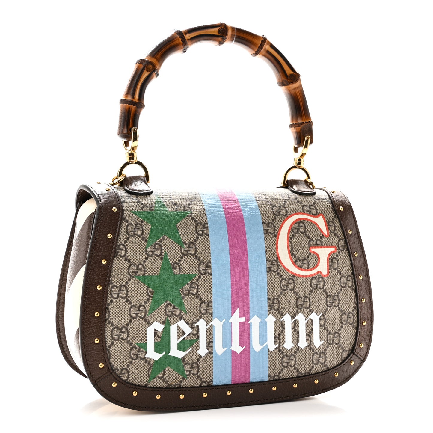 GG Supreme Monogram Studded Calfskin 100 Centennial Geometric Medium Bamboo 1947 Top Handle Bag Beige Ebony Multicolor