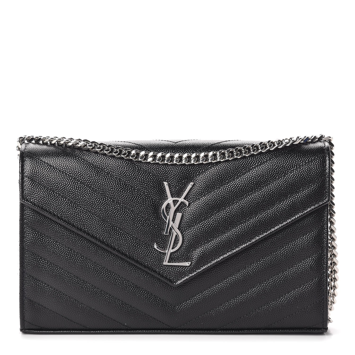 Saint Laurent Grain De Poudre Matelasse Chevron Monogram Chain Wallet Black 1 of 10