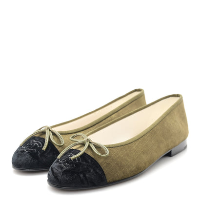 Chanel Velvet Cap Toe CC Ballerina Flats 36 Khaki Black 4 of 9