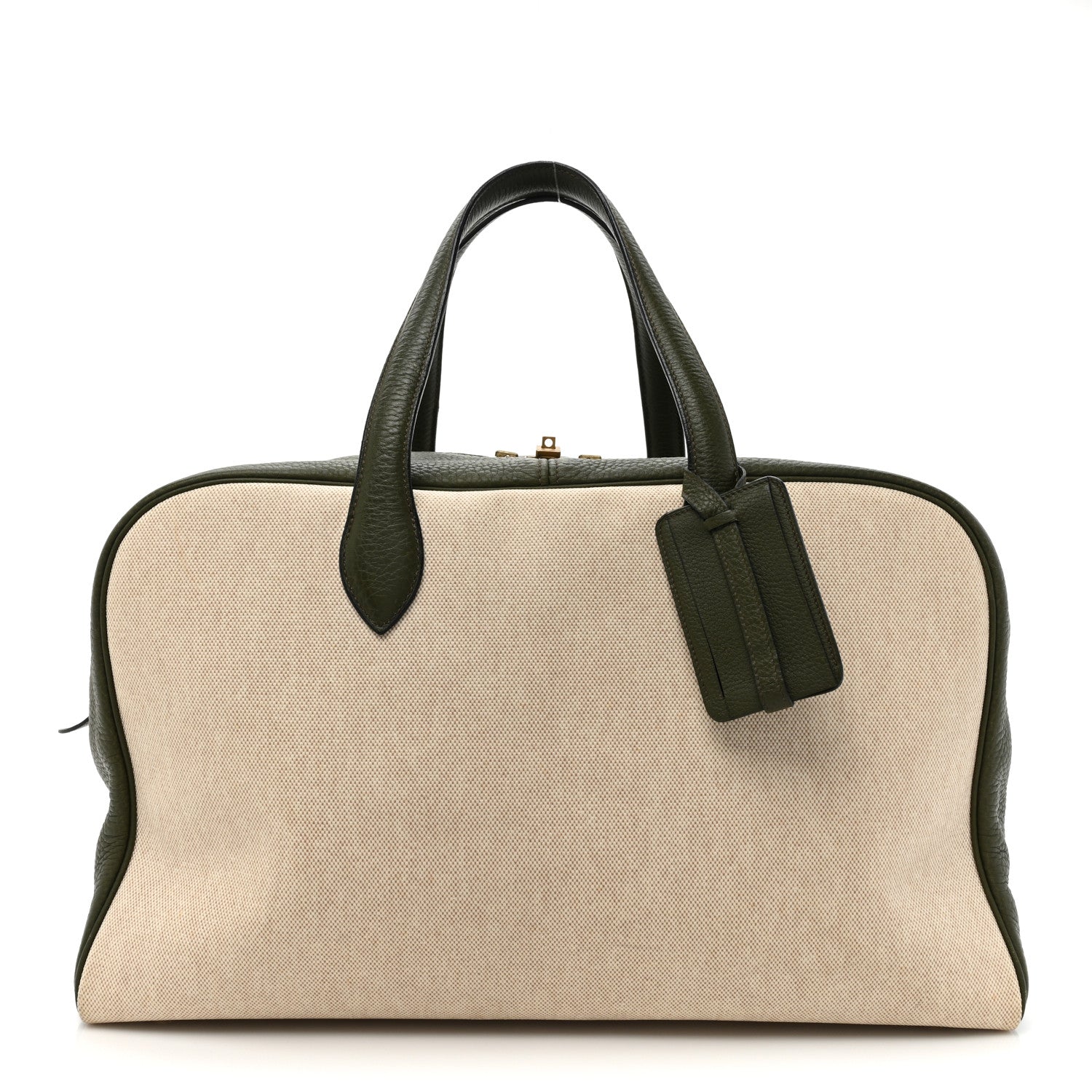 Hermes Toile Taurillon Clemence Victoria II 43 Ecru Vert Olive 1 of 14
