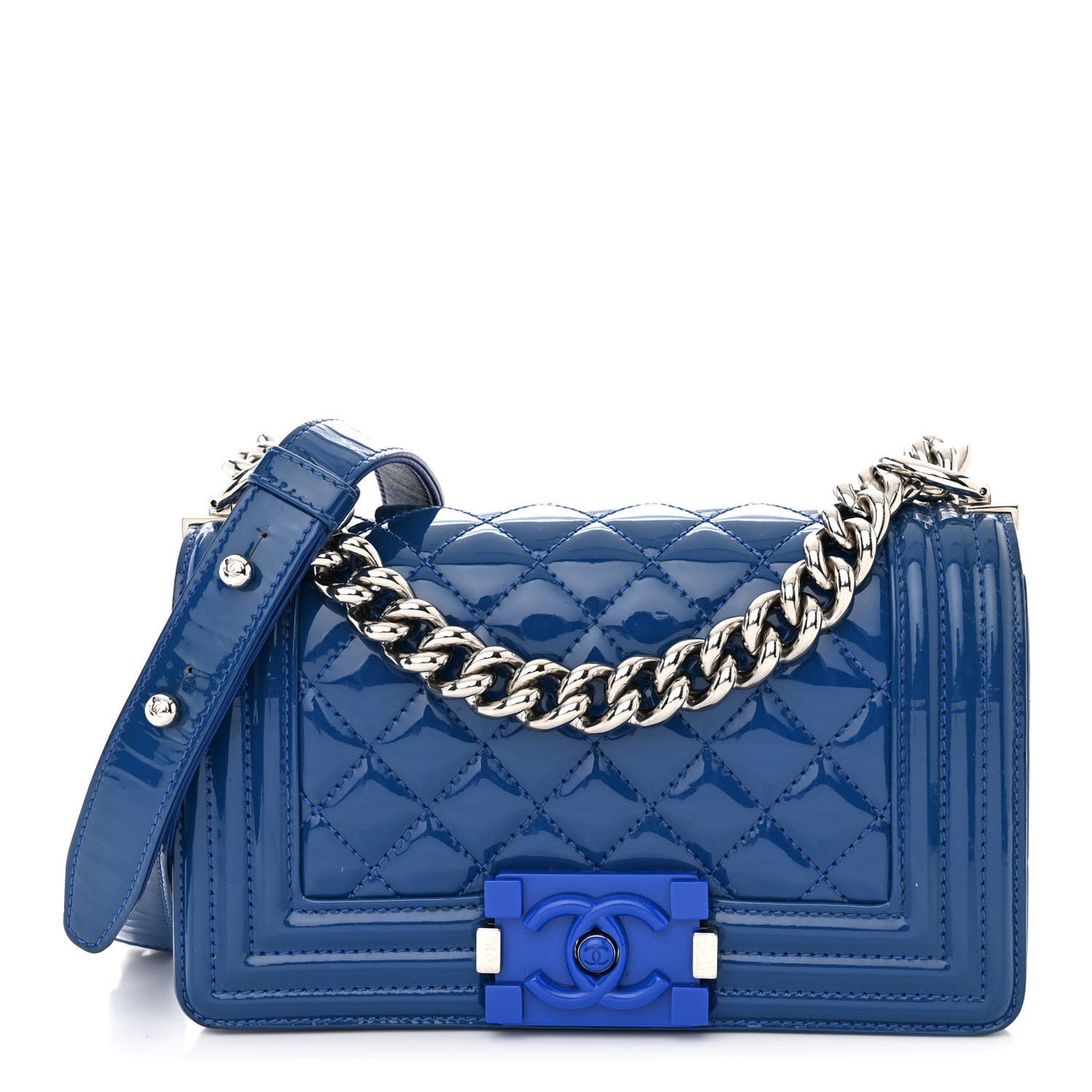 Patent Calfskin Quilted Small Plexiglass Boy Flap Blue