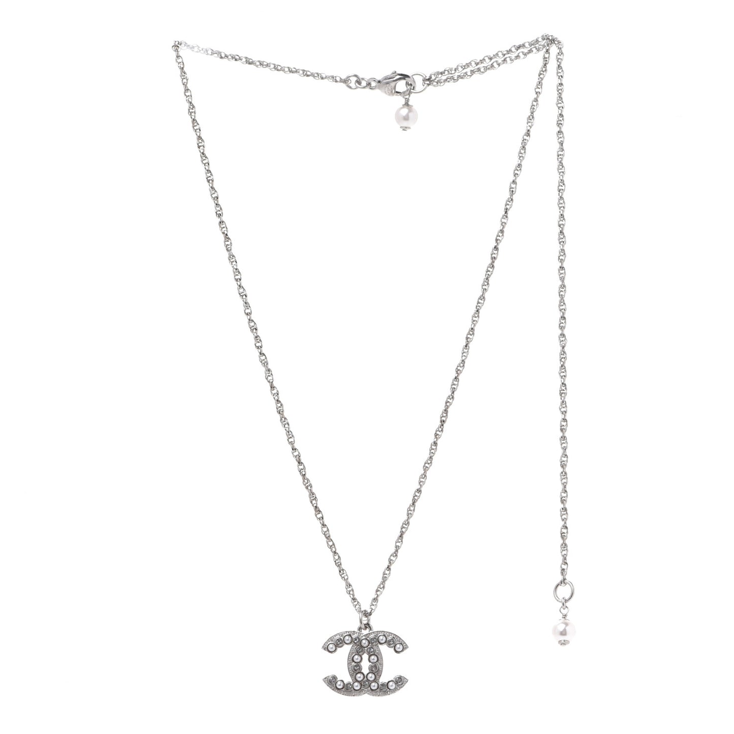 Pearl Crystal CC Pendant Necklace Silver