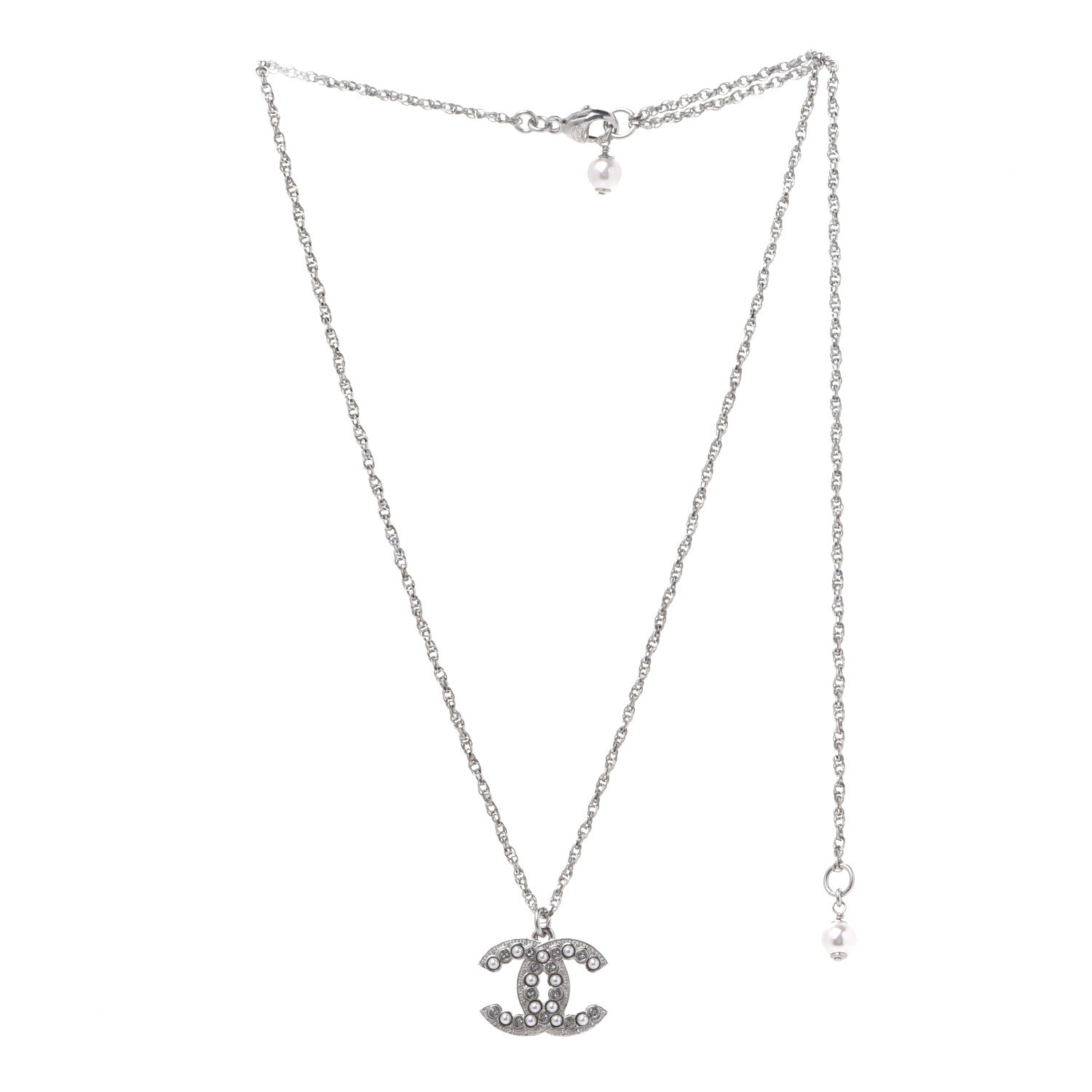 Chanel Pearl Crystal CC Pendant Necklace Silver 3 of 6