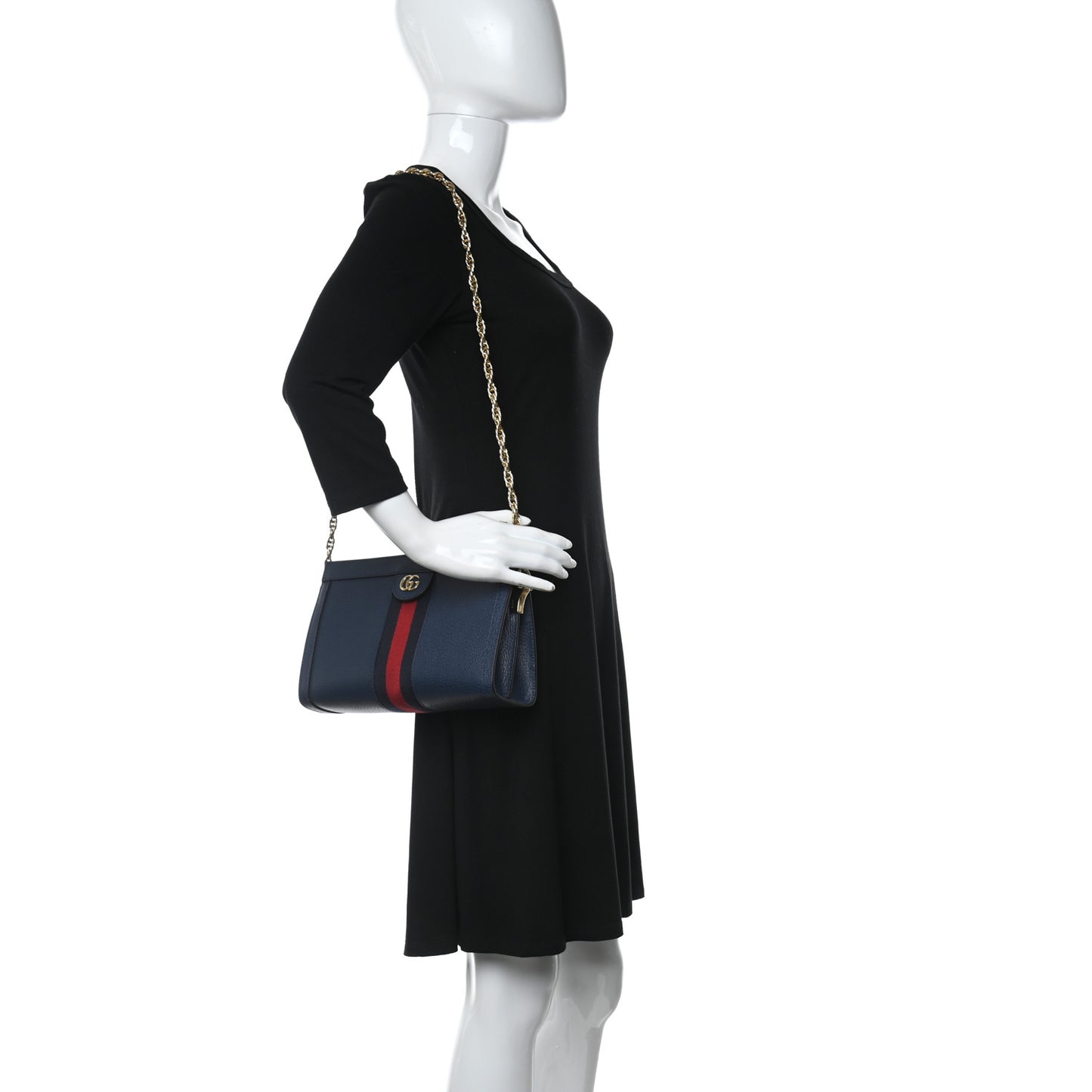 Textured Calfskin Web Small Ophidia Chain Shoulder Bag Blue Agata