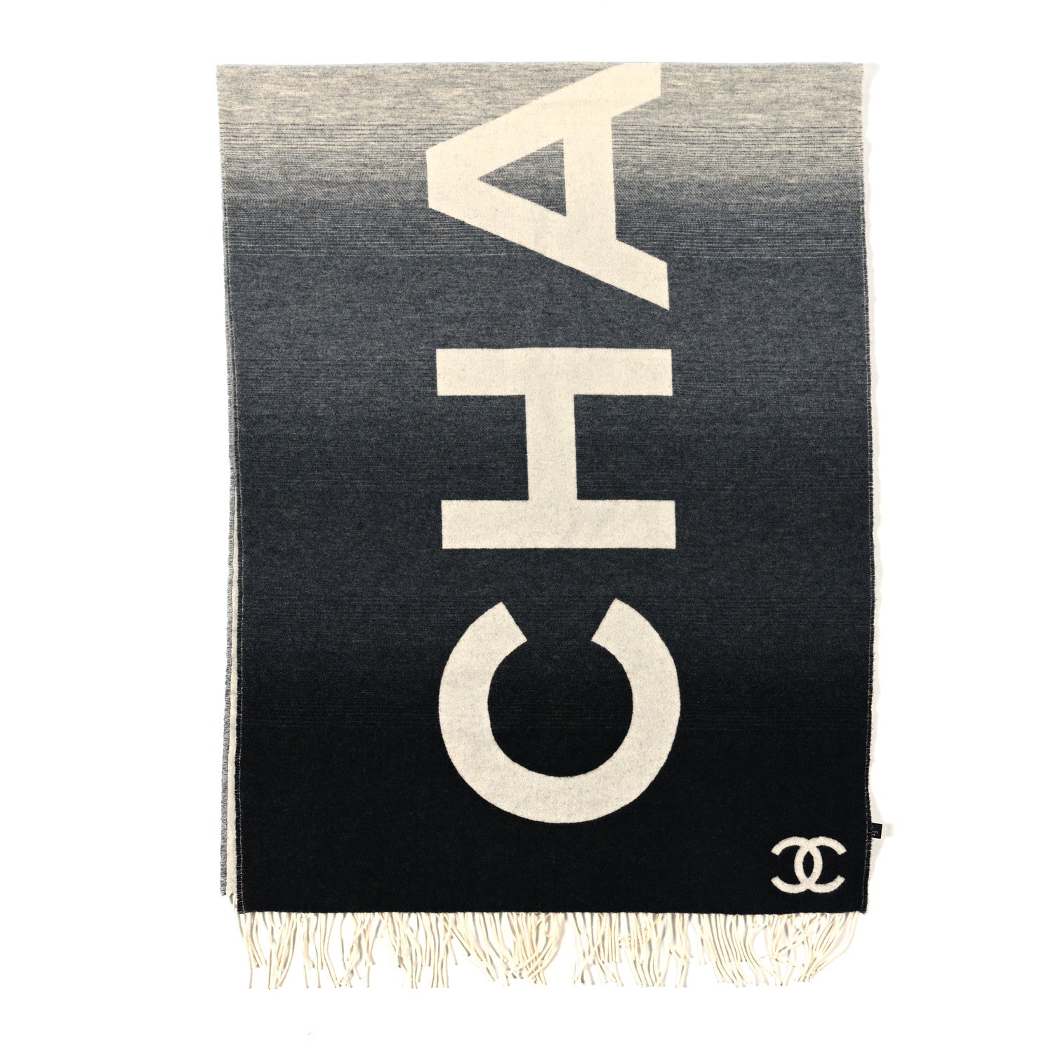 Chanel Cashmere Wool Logo Stole Black White 1 of 4