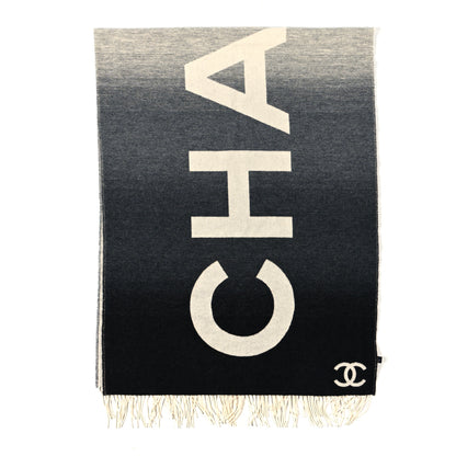Chanel Cashmere Wool Logo Stole Black White 1 of 4