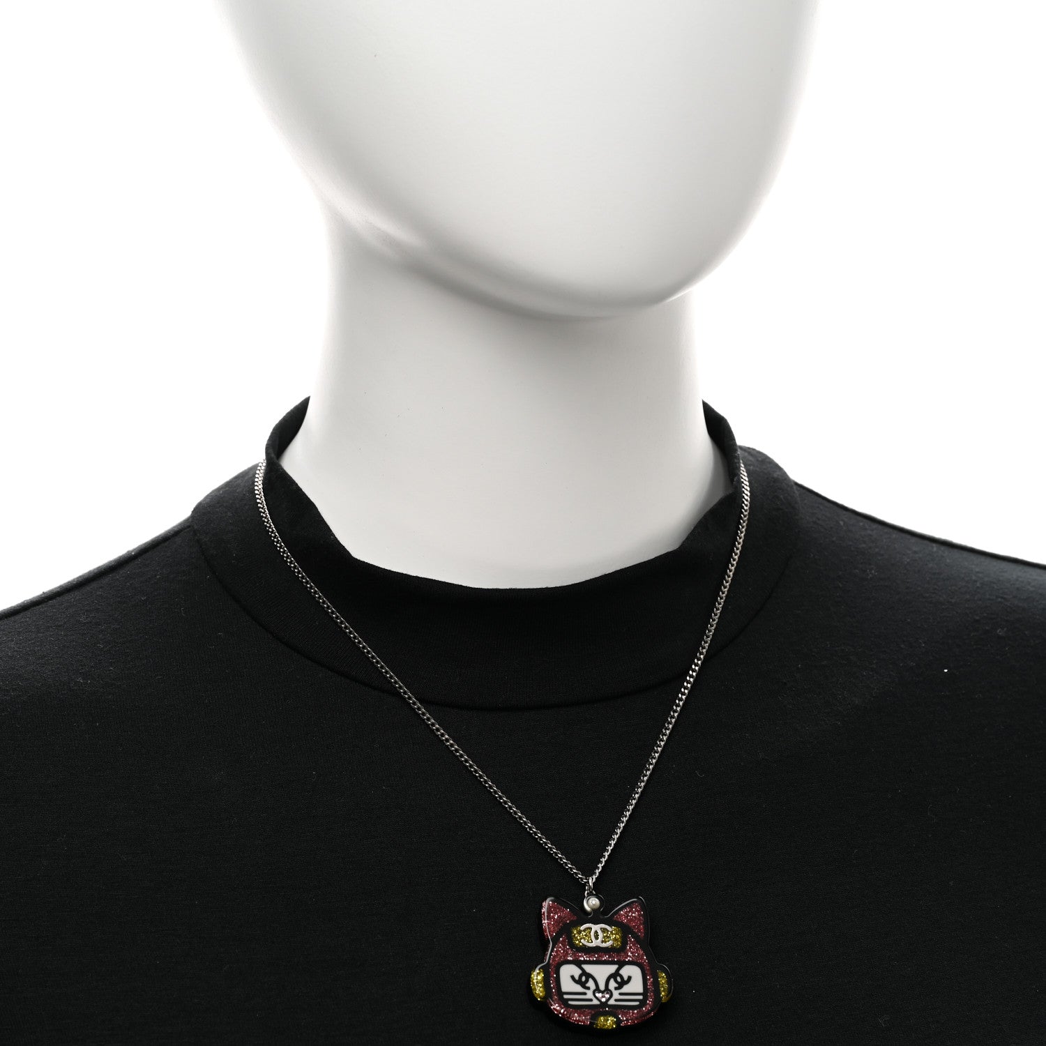 Chanel Resin Emoji Robot Cat Pendant Necklace Black Pink Yellow