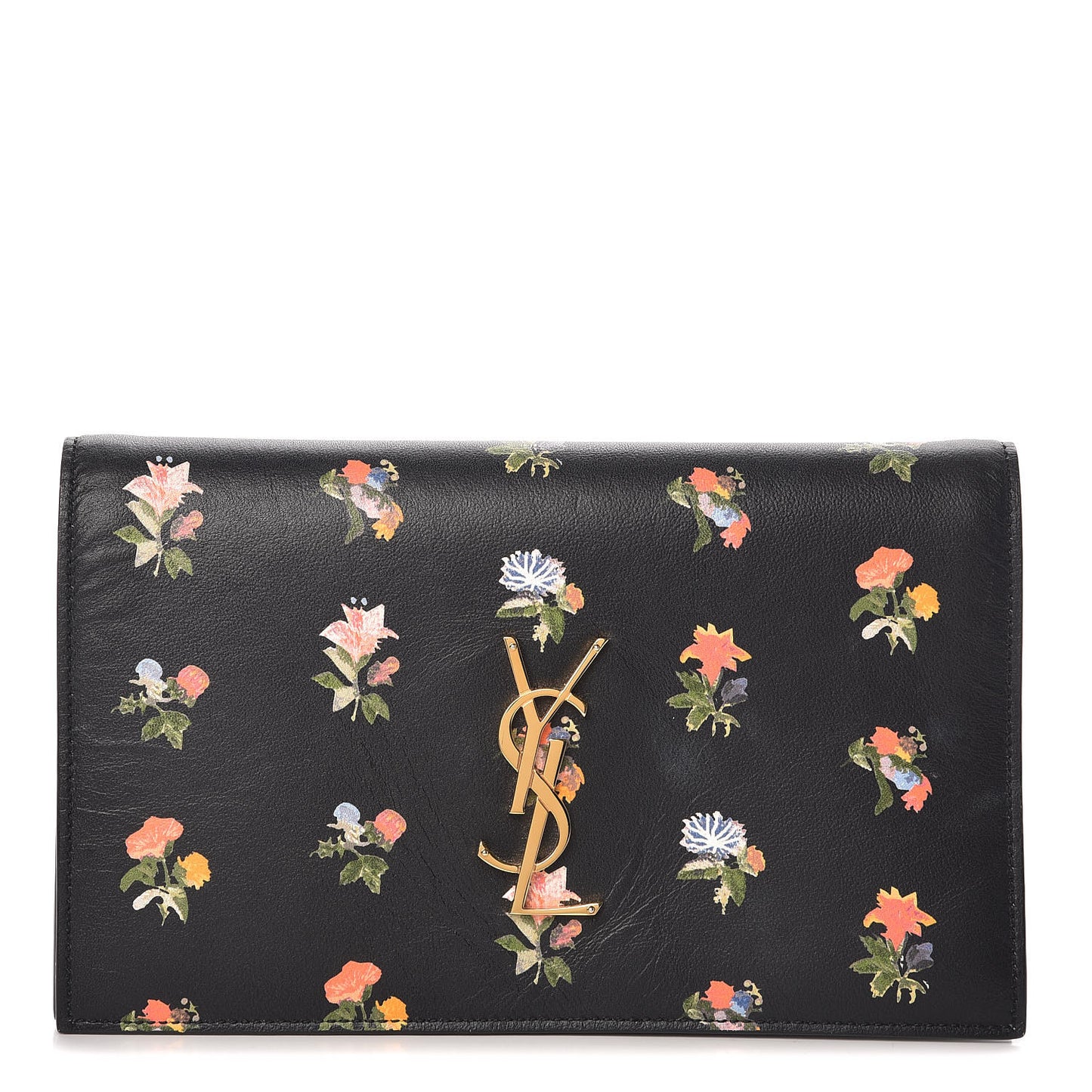 Calfskin Prairie Flower Printed Small Monogram Clutch Black Multicolor