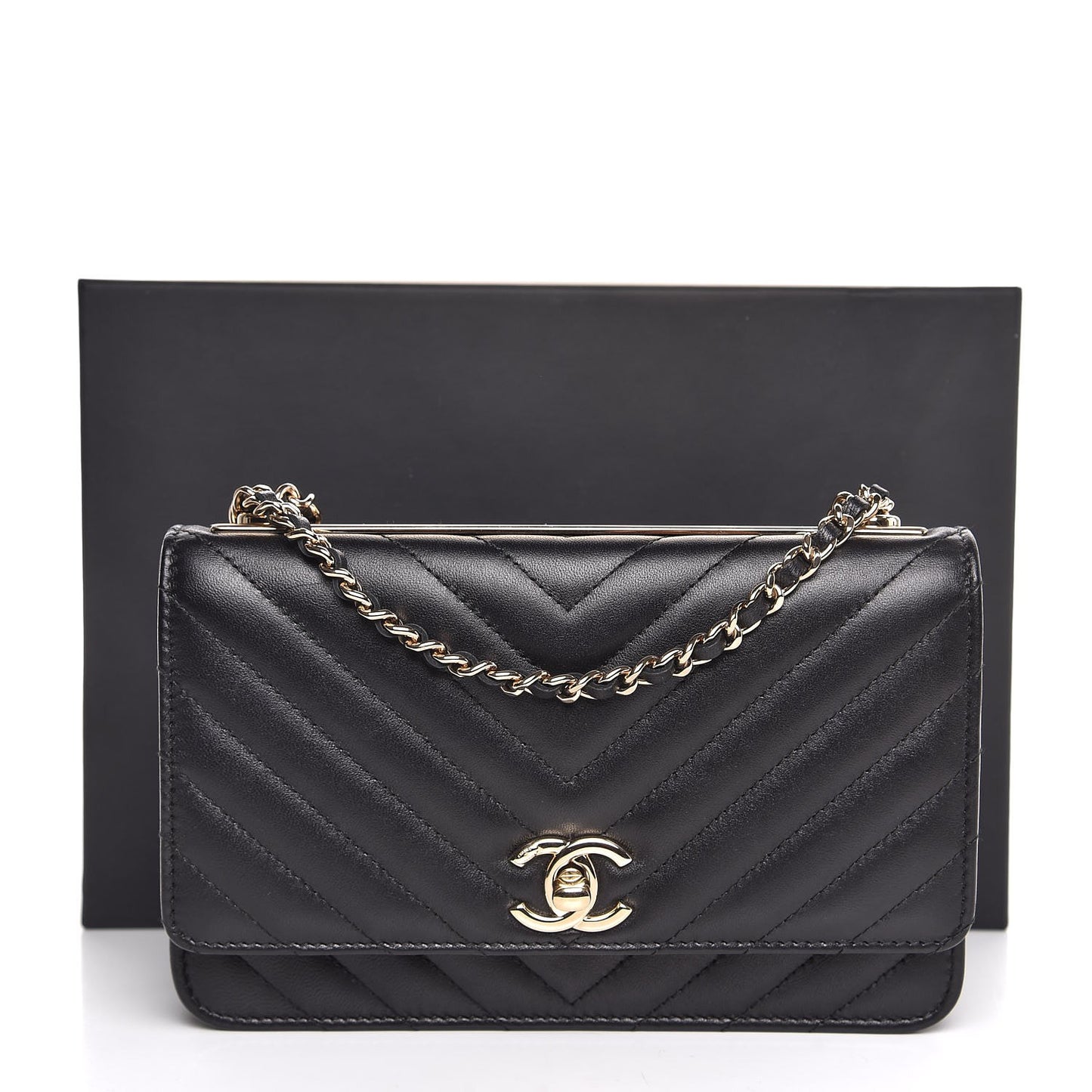 Lambskin Chevron Quilted Trendy CC Wallet On Chain WOC Black