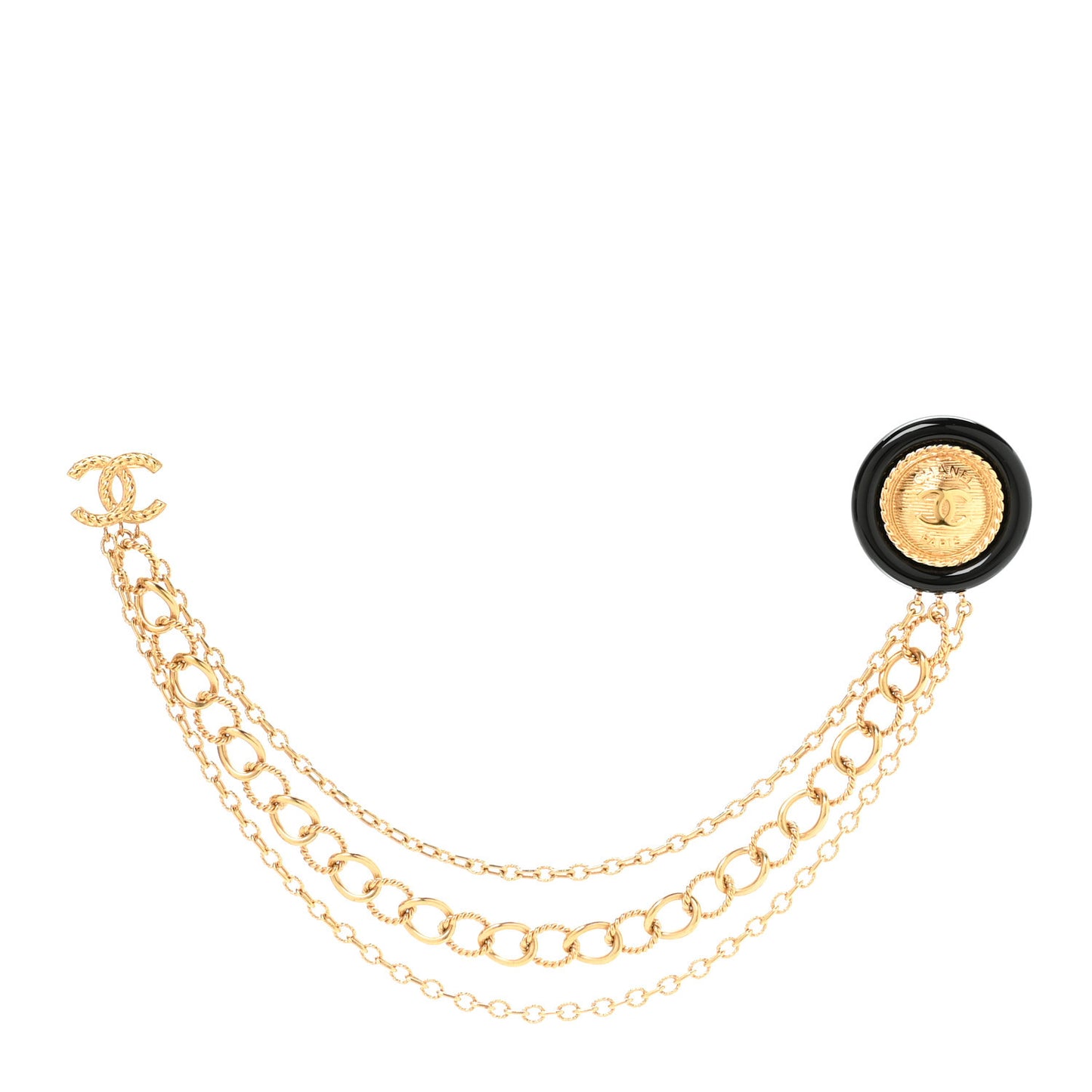 CC Medallion Multi Strand Long Chain Brooch Gold Black