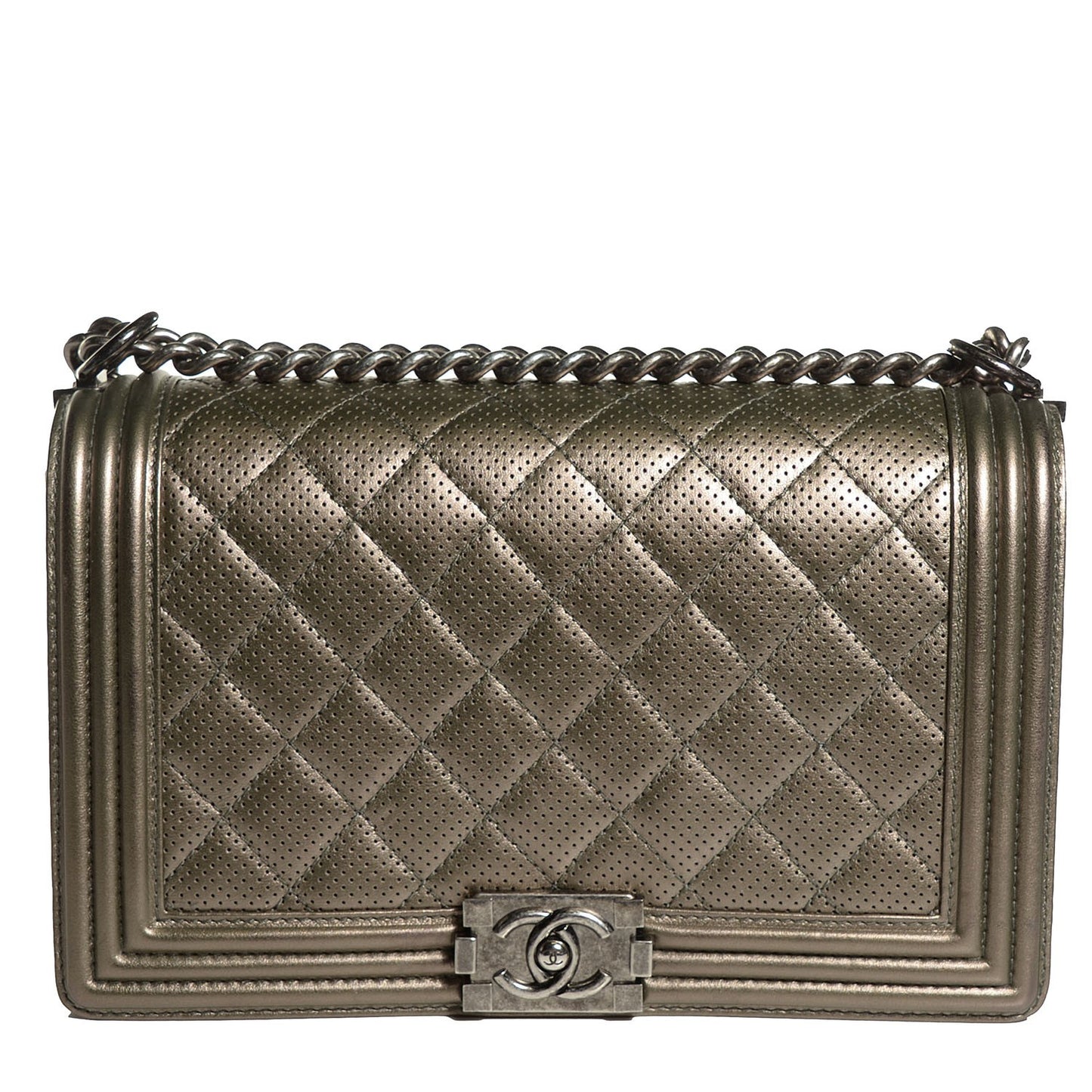 Metallic Lambskin Perforated New Medium Boy Flap Silver