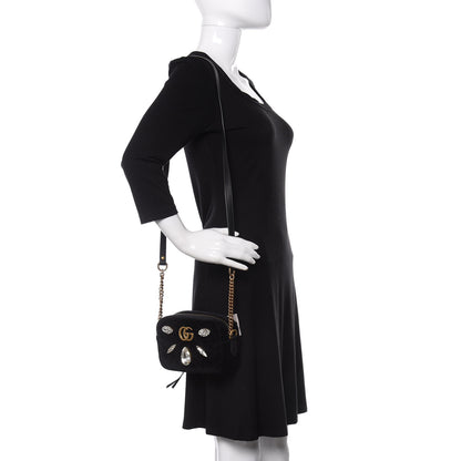 Gucci Velvet Matelasse Marquise Crystals Mini GG Marmont Chain Shoulder Bag Black 2 of 9