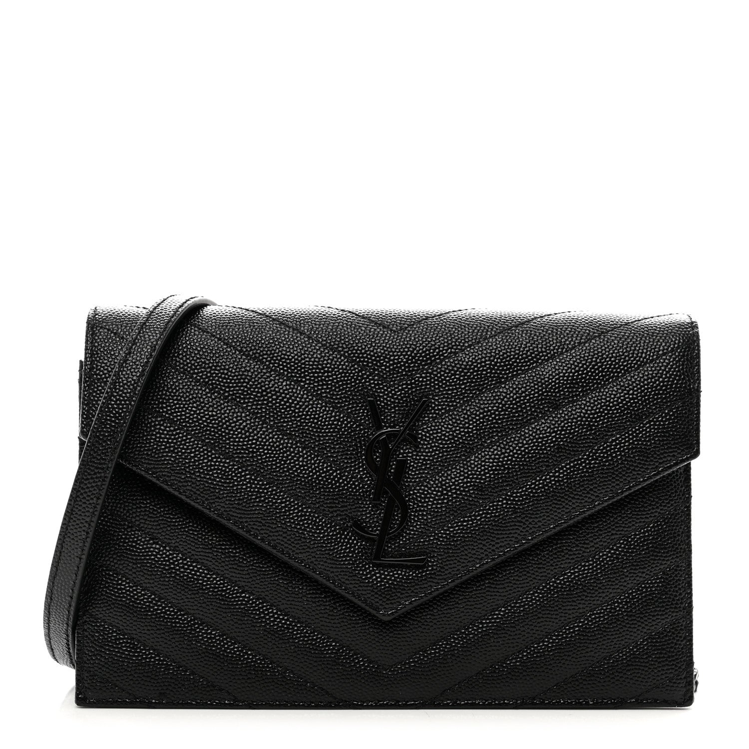 Saint Laurent Grain De Poudre Matelasse Chevron Monogram Monochrome Envelope Chain Wallet Black 1 of 9