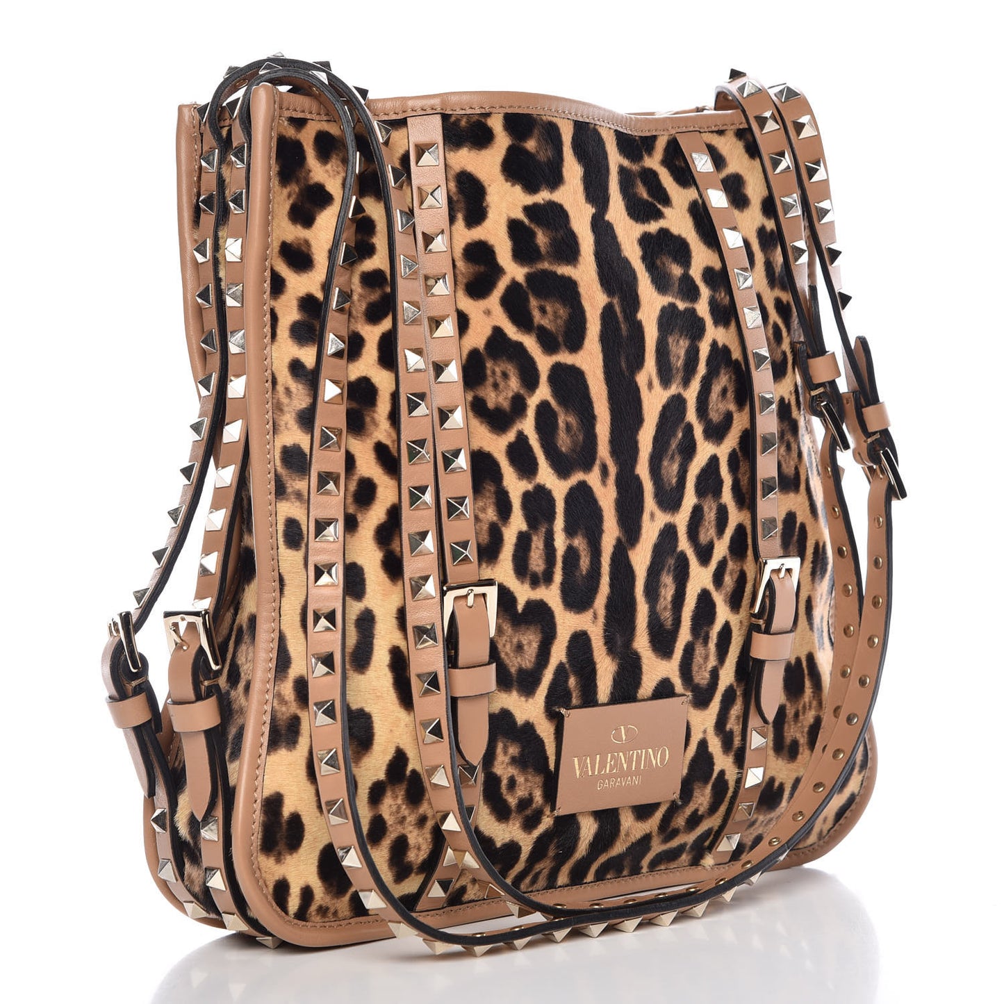 Calf Hair Leopard Print Rockstud Shopper Tote Tan