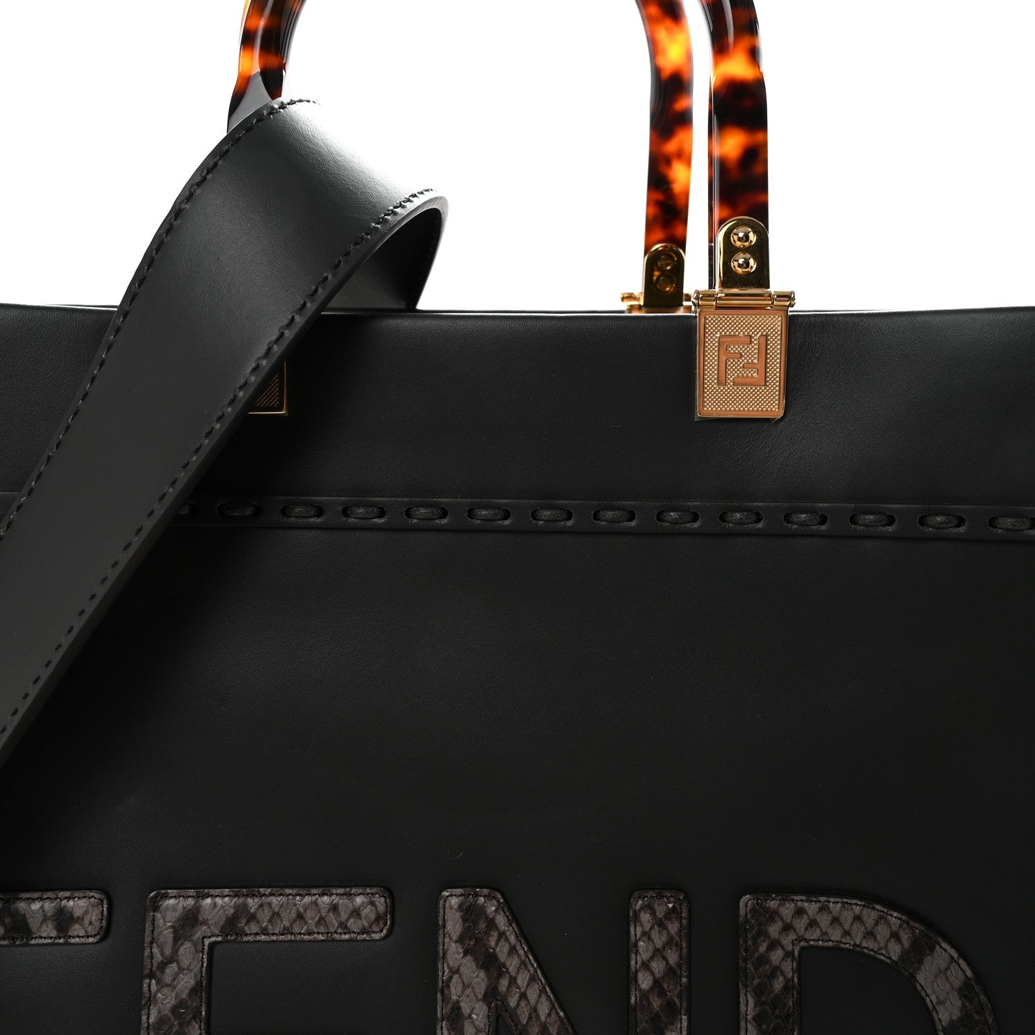 Fendi Vitello King Plexiglass Elaphe Snakeskin Print Logo Medium Fendi Sunshine Shopper Tote Dark Asphalt 7 of 9