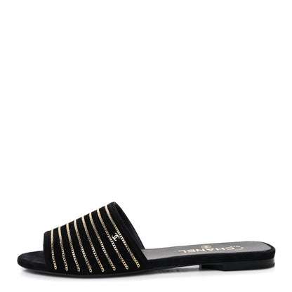 Chanel Suede Chain Flat Mule Sandals 39 Black 1 of 12