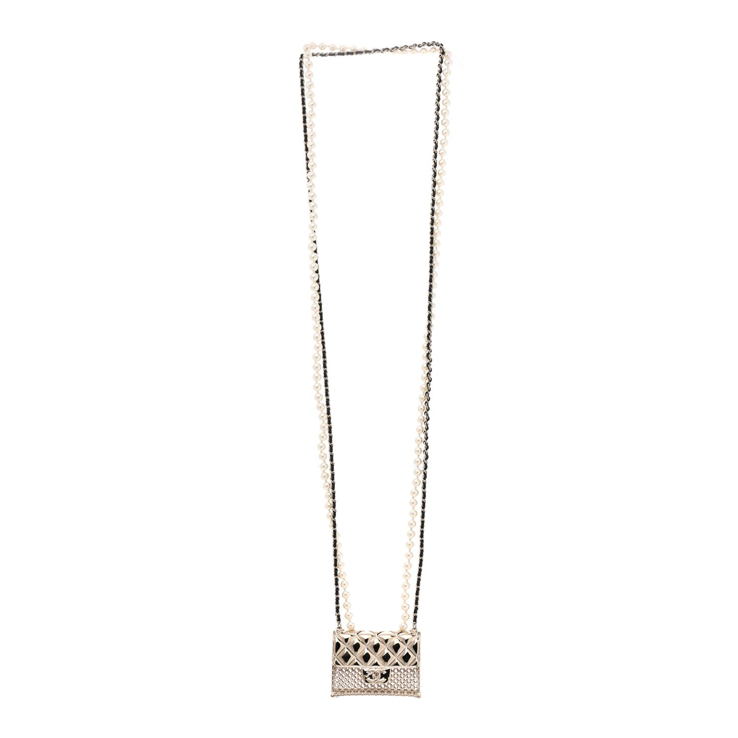 Metal Lambskin Pearl Chain Flap Bag Long Necklace Gold Black Pearly White