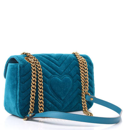 Gucci Velvet Matelasse Small GG Marmont Shoulder Bag Pavone Cyan 3 of 11