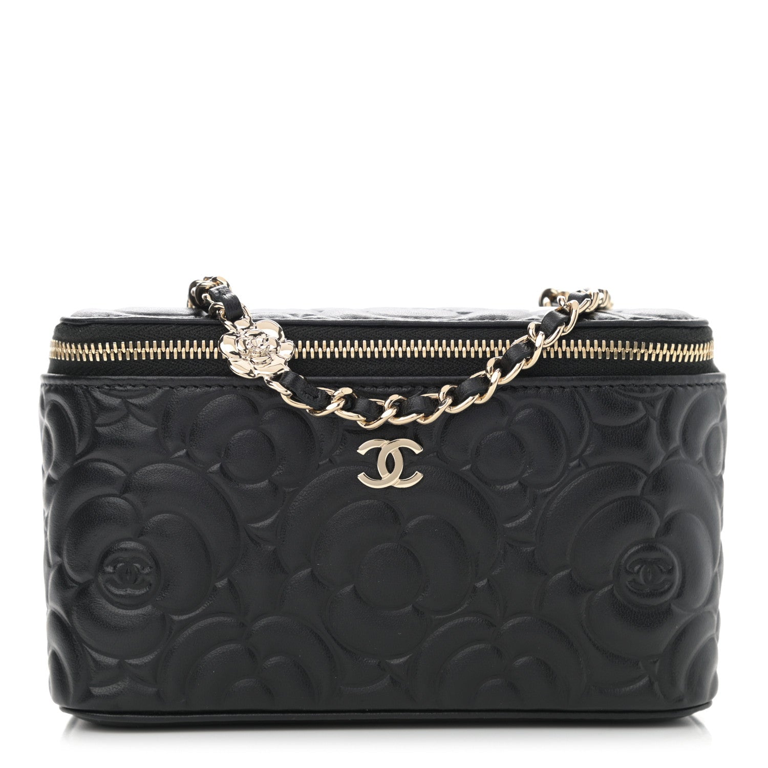 Chanel Lambskin Camellia Embossed Small Vanity Case With Chain Black 1 of 10