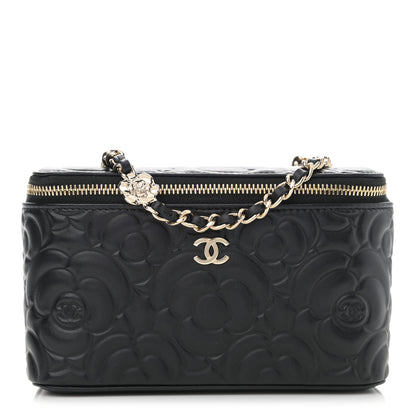Chanel Lambskin Camellia Embossed Small Vanity Case With Chain Black 1 of 10