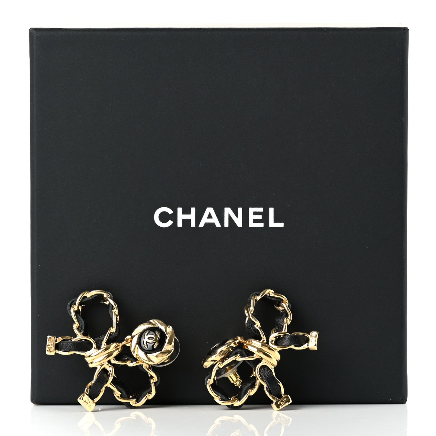 Lambskin Chain Bow Drop Earrings Black Gold