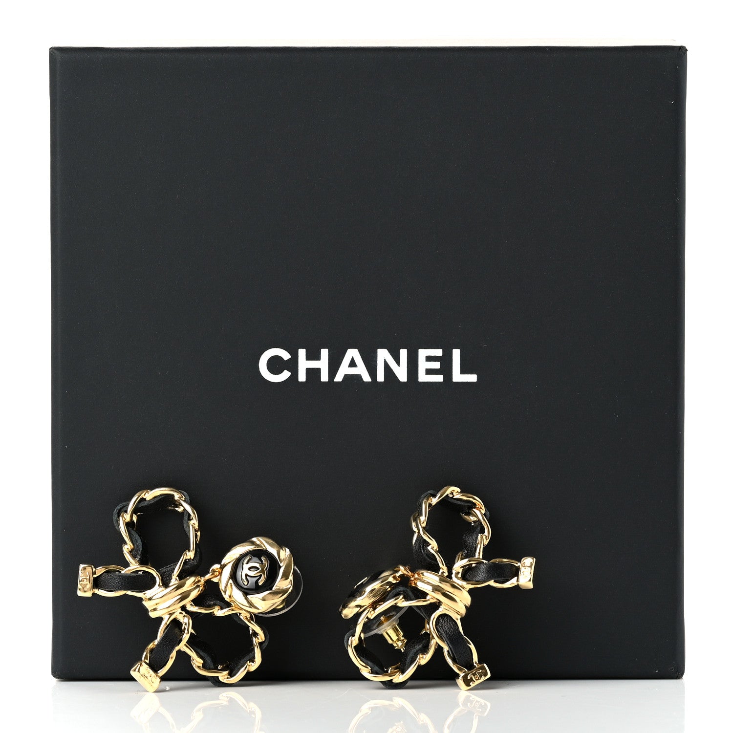 Chanel Lambskin Chain Bow Drop Earrings Black Gold 5 of 5