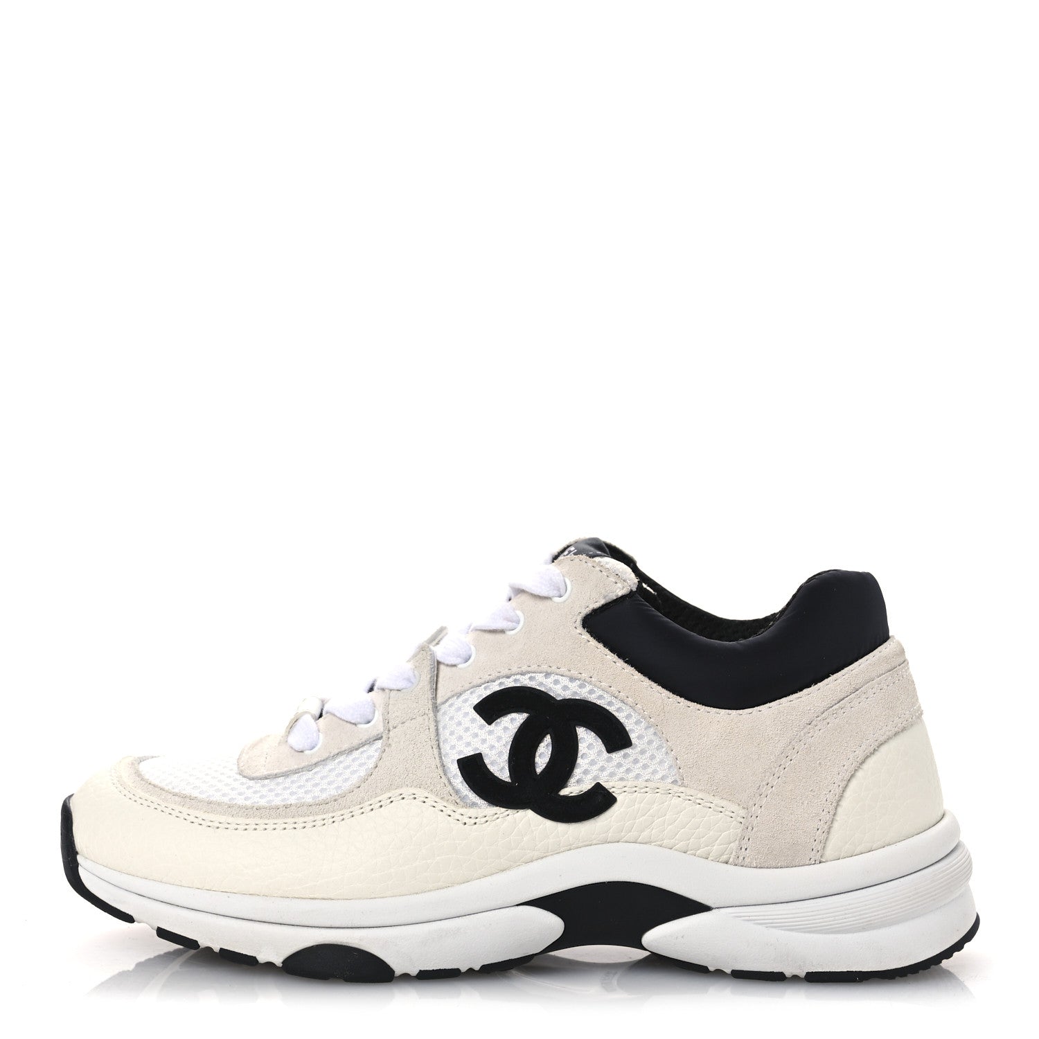 Chanel Mesh Suede Calfskin Grained Calfskin Womens CC Sneakers 36.5 White Black 1 of 13