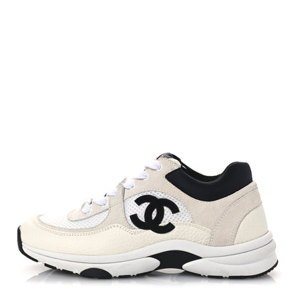 Chanel Mesh Suede Calfskin Grained Calfskin Womens CC Sneakers 36.5 White Black 1 of 13