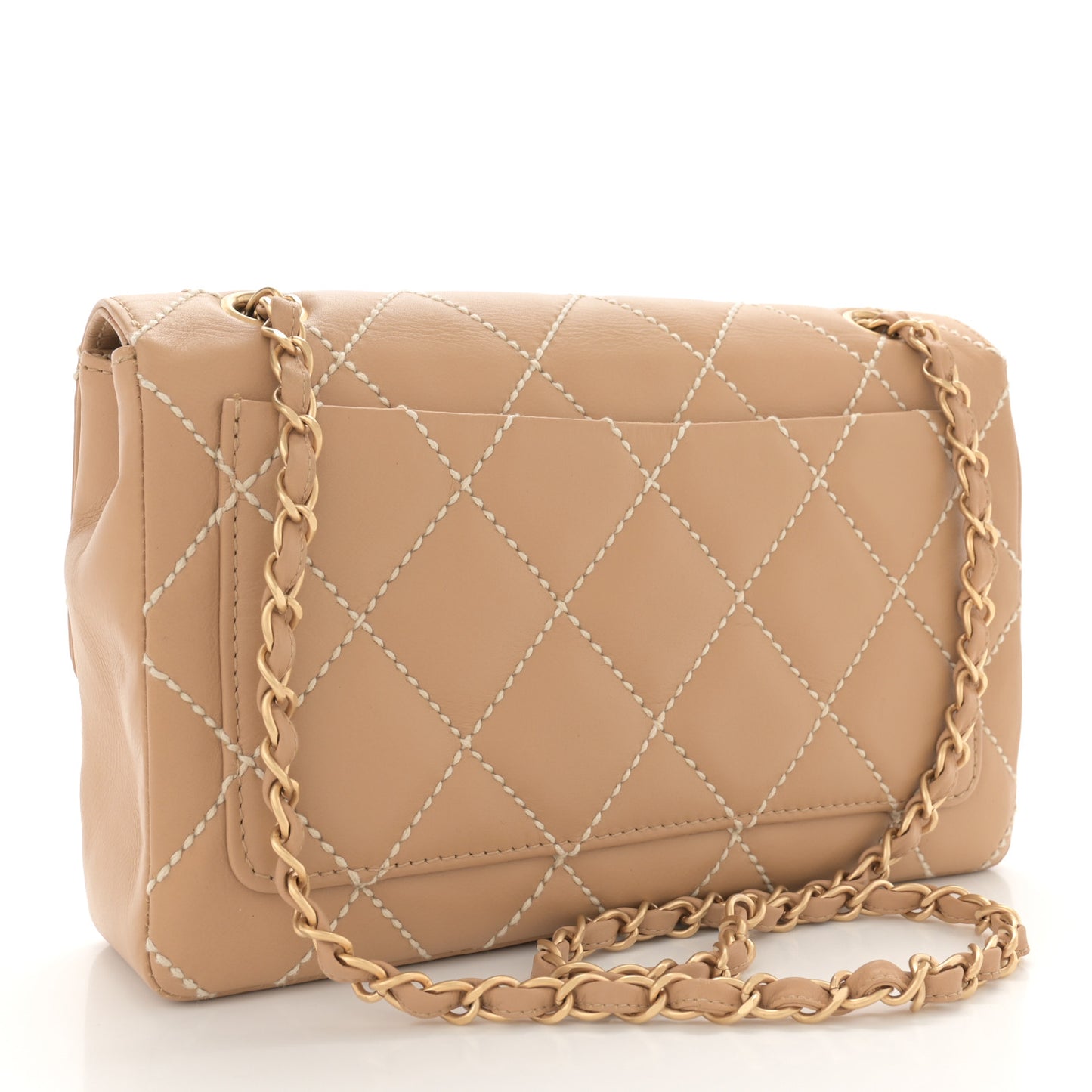 Calfskin Quilted Medium Wild Stitch Flap Beige
