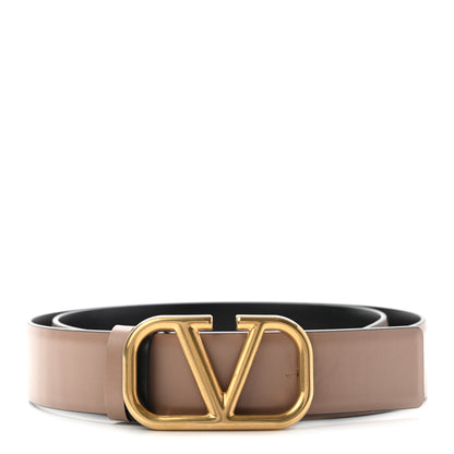 Valentino Garavani Glossy Calfskin VLogo Reversible 40mm Belt 75 30 Smokey Beige Black 1 of 6