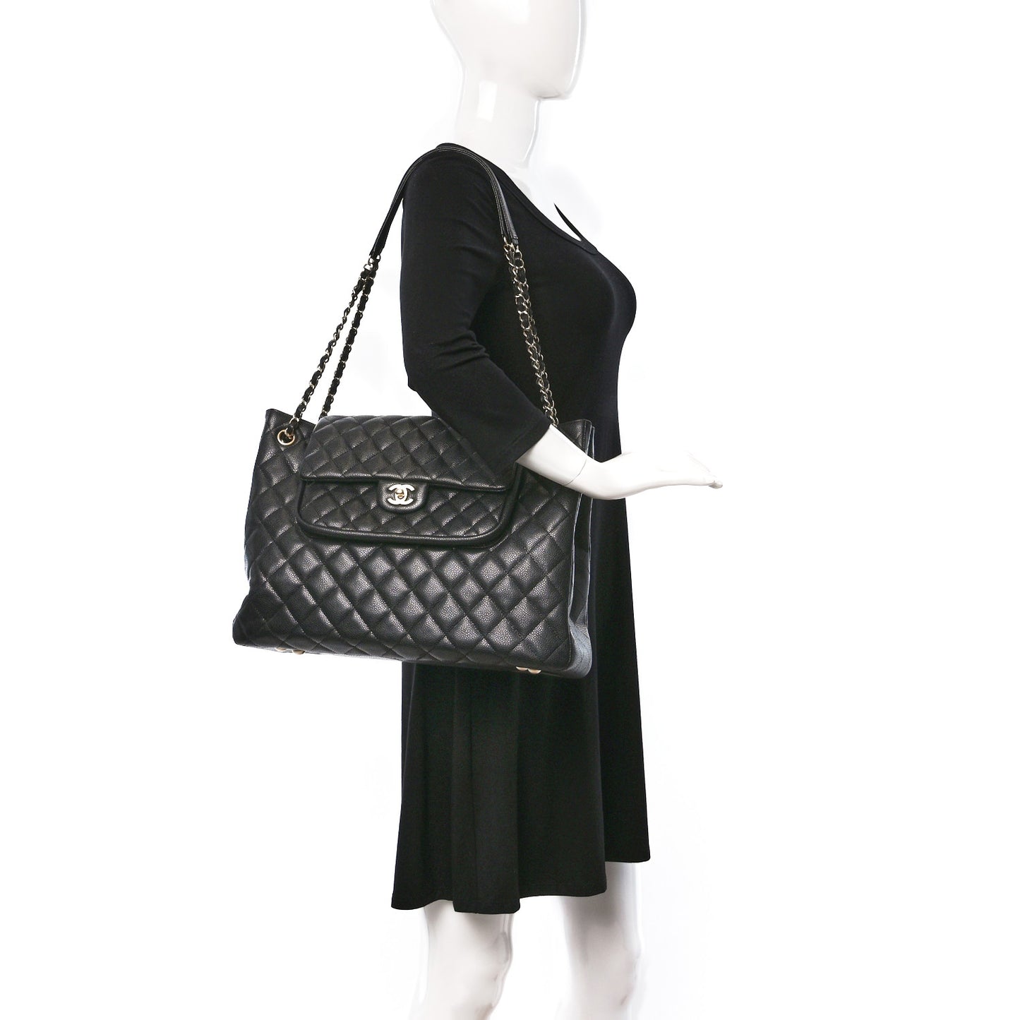 Caviar Quilted Flap Tote Black