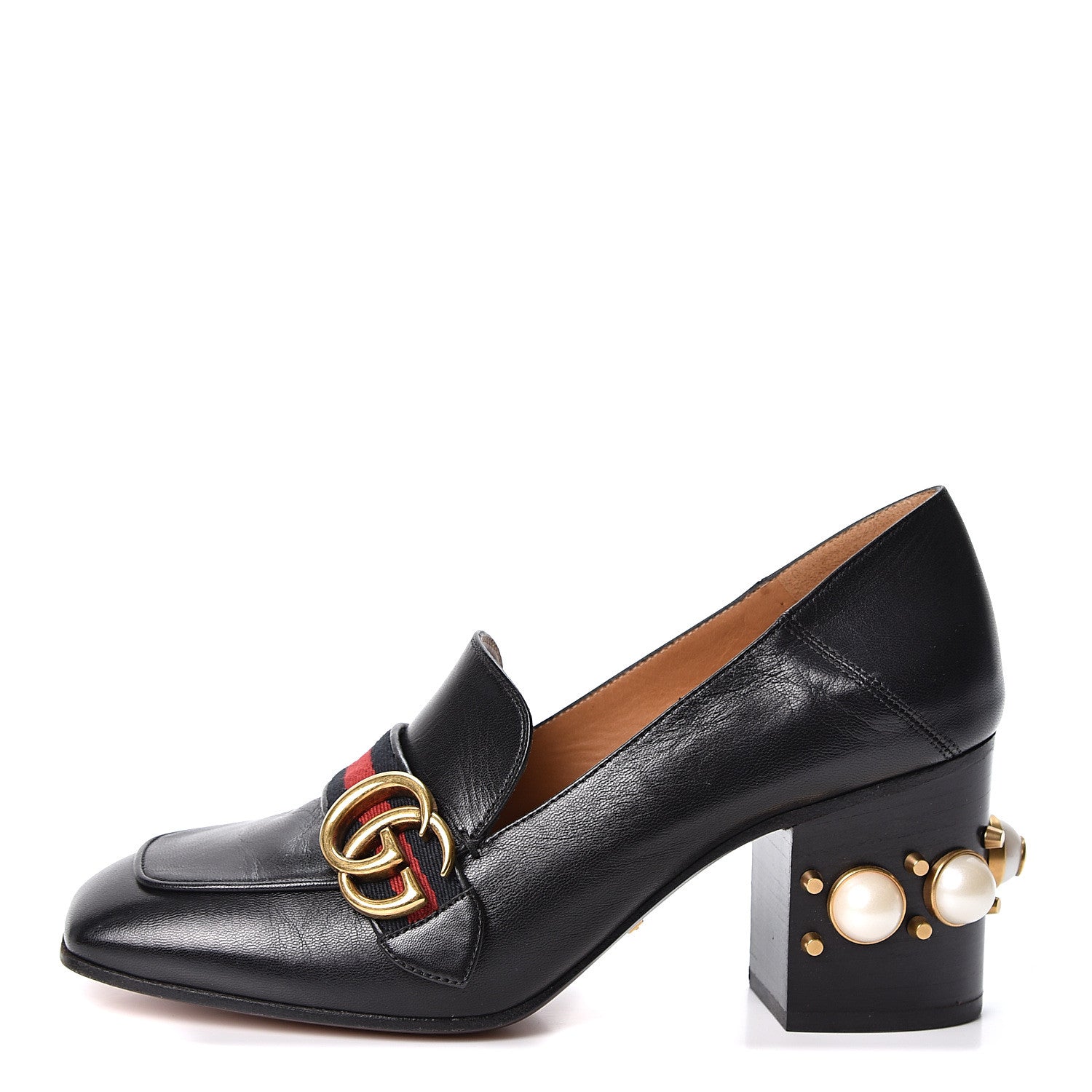Gucci Malaga Kid Web Pearl Embellished Peyton 75mm Loafer Pumps 38 Black 1 of 9