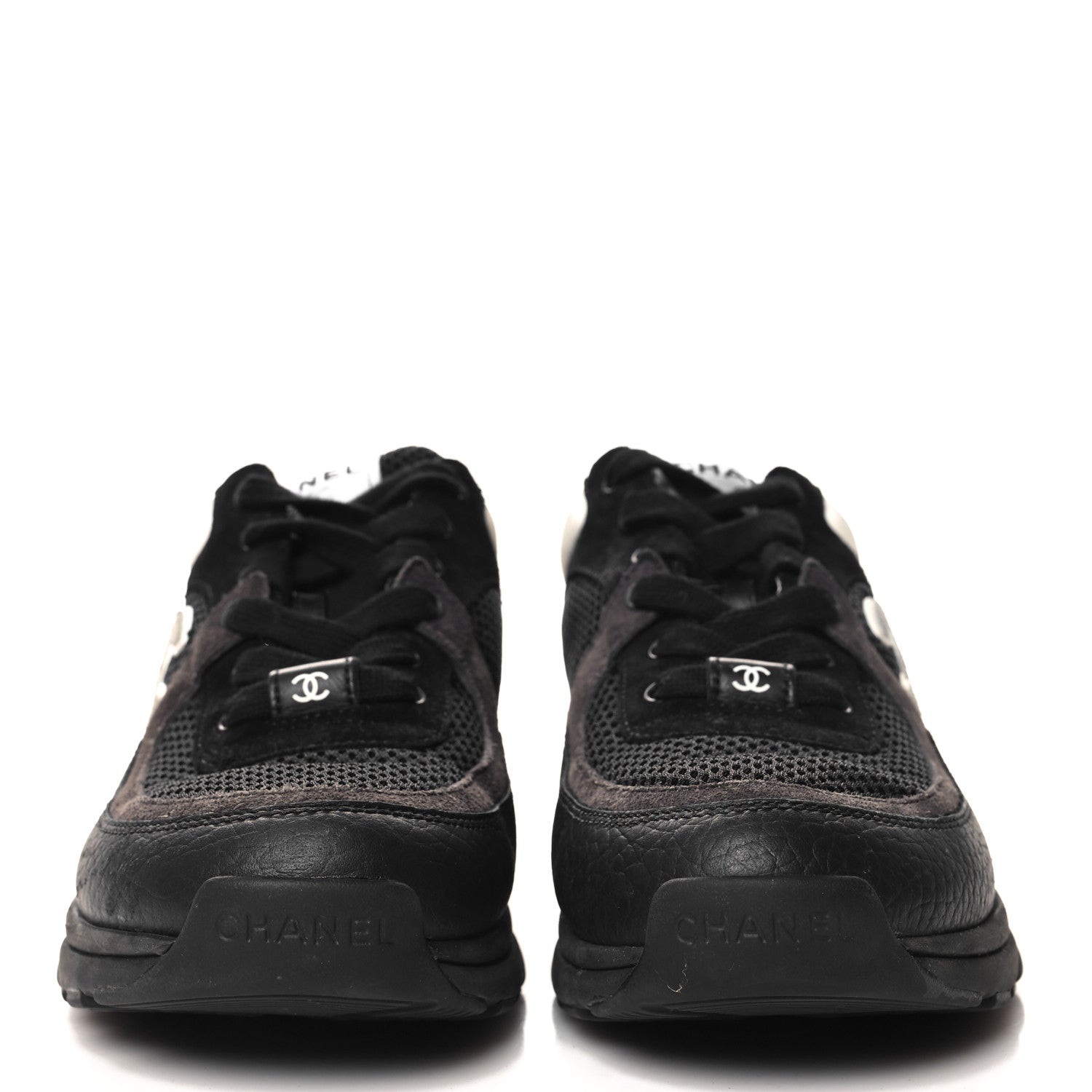Chanel Mesh Suede Grained Calfskin Womens CC Sneakers 36.5 Black White 3 of 9