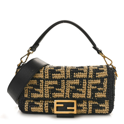 Fendi Raffia Vitello Grace FF Crochet Baguette Natural Black 1 of 8